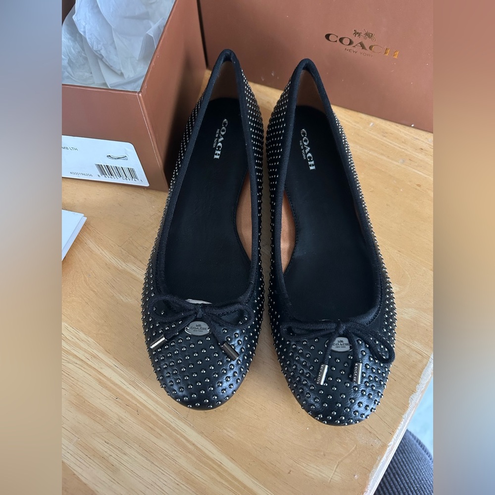 Coach Lara Black Leather Studded Ballet Flats